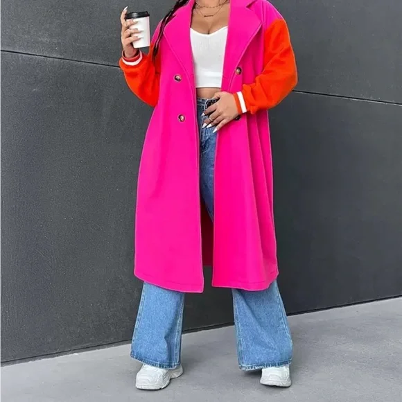 Bold Pink and Orange Trench Coat with Oversized Fit - Picture 2 of 15